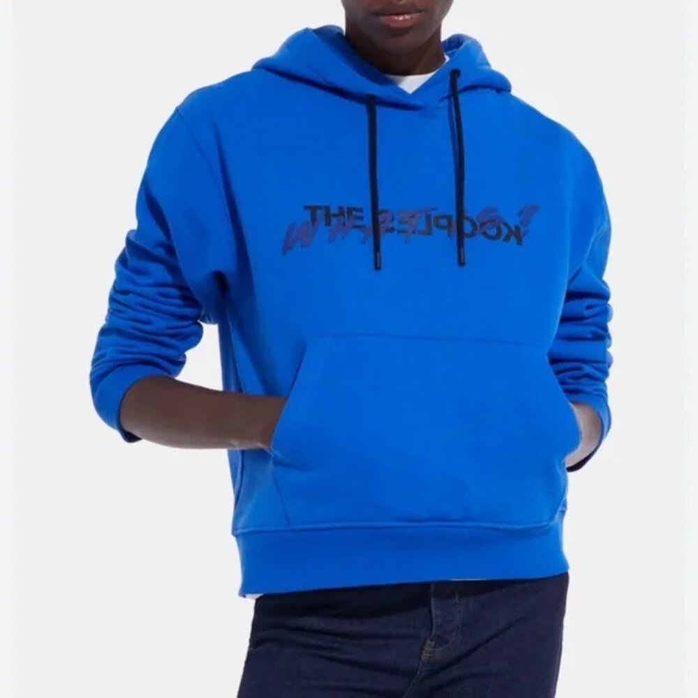 The Kooples Hoodie in Blue Neoprene, "What Is" Inscription, Size M, New with Tag